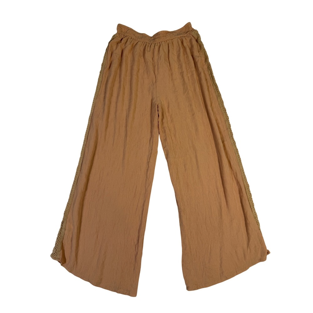 Salty Lemon Women Tan Crinkle Rayon 2 Piece Set Smocked Top Wide Leg Pants L - Picture 5 of 13